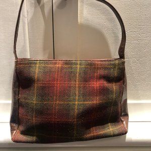 Sarah Shaw handbag.  Brown leather and fall plaid colors wool, zip top closure